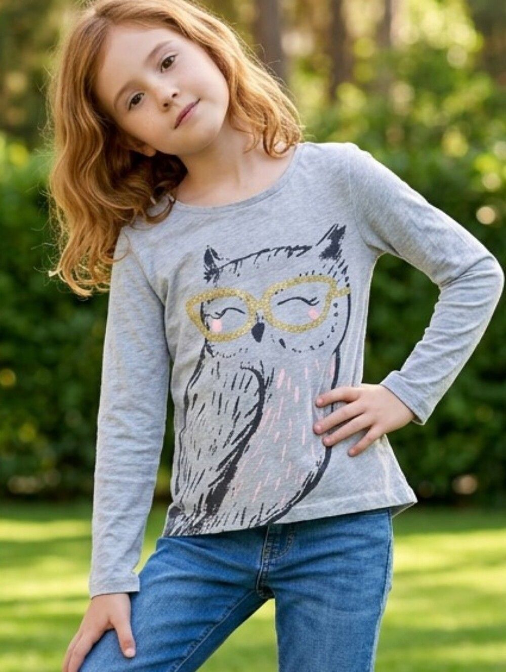 Carter's Owl Glasses Shirt 3T Gray Long Sleeve Top Cute Gold Glitter Graphic Tee